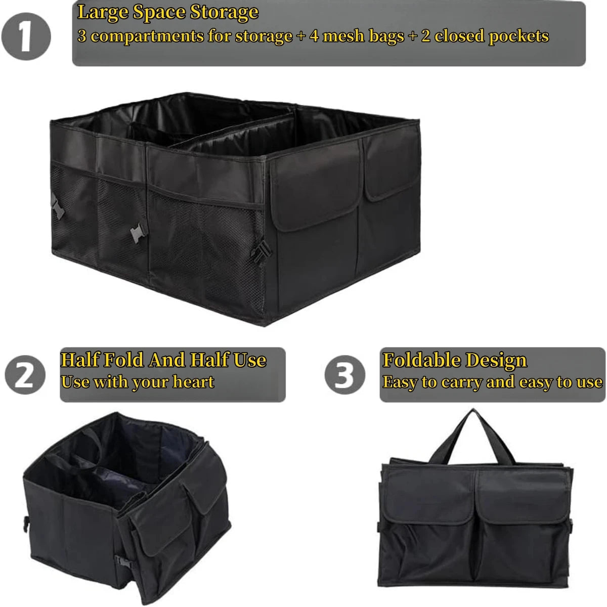 Boot organiser features: compartments, mesh pockets, folding clasp and carry handles