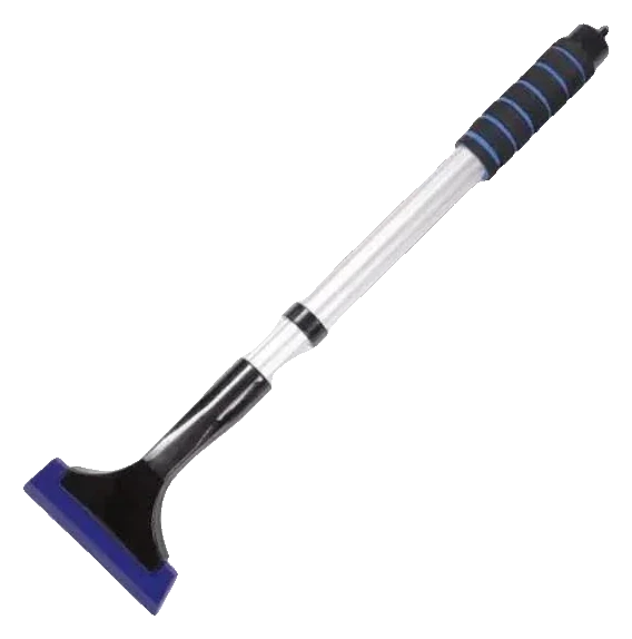 Extendable scraper clearing snow from a windscreen